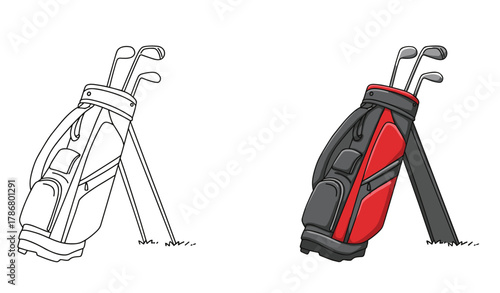 Golf bag illustration, colored and outline version, sports equipment, golf clubs, vector art, grassy ground, comparison, printable, hobby, leisureGolf bag illustration, colored and outline version