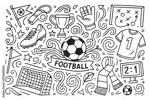 A black and white vector pattern of funny football themed doodle icons, featuring playful sketches of balls, players, and trophies, creating a lively and humorous design.
