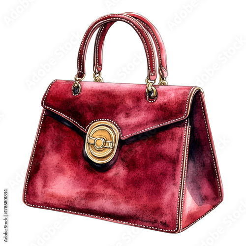 Watercolor Red Leather Vintage Handbag Purse with Gold Clasp Vector Clipart
