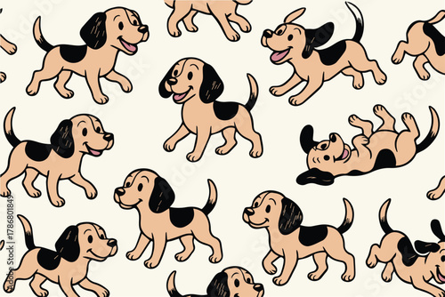 A lovely seamless vector pattern of beagle dogs with brown markings, each drawn with different cute expressions, adding warmth, joy, and personality to the artwork.