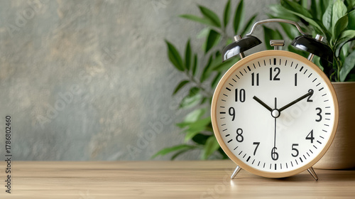 Wallpaper Mural Classic round alarm clock on wooden table with potted plant and soft light, peaceful punctuality Torontodigital.ca