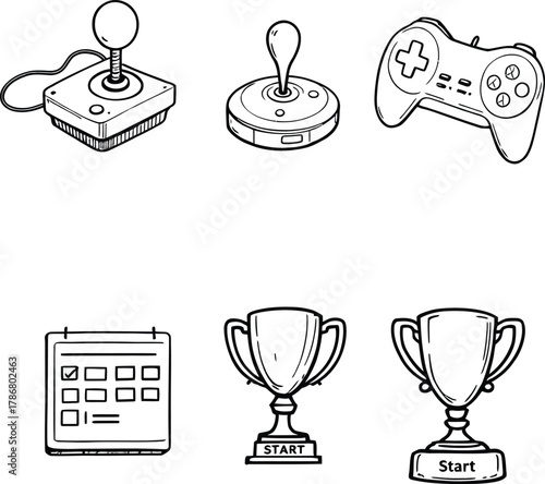 Black and white line art illustration of joysticks gamepads calendar and two trophy cups with start