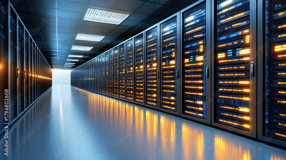 Fototapeta premium Clean server rack corridor with warm ambient glow and reflective floor, calm futuristic data