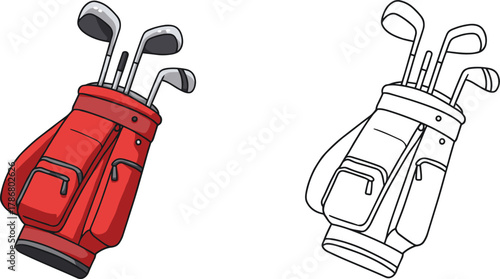 Golf bag illustration, colored and outline version, sports gear, golf clubs, vector drawing, printable art, comparison, hobby, leisure, equipment