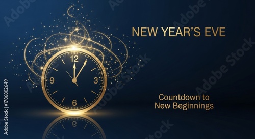 Illustration of a glowing golden clock striking midnight with swirling light trails on a deep blue background, symbolizing hope, reflection, and celebration of New Year’s Eve
