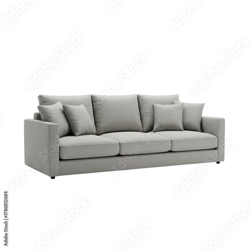 Modern Light Gray Textured Three-Seater Sofa with Plush Cushions and Natural Shadows on a Transparent Background