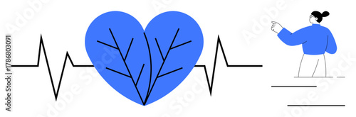 Leaf-patterned heart connected to an EKG line symbolizing health and sustainability, alongside a figure pointing forward. Ideal for health, nature, eco-awareness, wellness, lifestyle, vitality