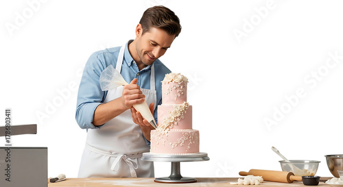 Cake Decorator in Action: A skilled pastry chef meticulously decorates a multi-tiered cake, showcasing precision and artistry in every detail, against the simple backdrop.