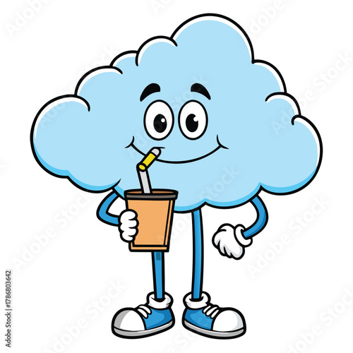 Cartoon happy cloud character drinking from disposable cup vector illustration