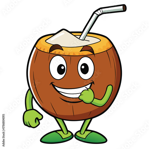 Cartoon happy coconut character with straw vector illustration isolated on white