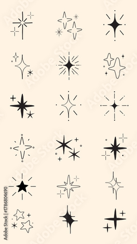 Set of 16 starburst icons in black on beige. Starburst designs vary in style. Minimalist starburst icons for design. Starburst symbols for decoration. Element vector set.