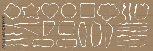 Collection of torn paper shapes on a brown background. Includes stars, hearts, and squares. Torn paper edges create a rustic, handmade look. Torn paper design. Paper outline, frame vector set.