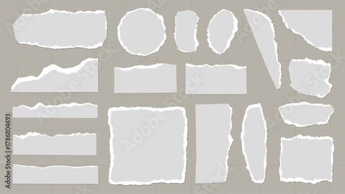 Collection of torn paper pieces in various shapes and sizes. Torn edges, paper textures, and diverse shapes create a versatile design resource. Gray element vector set.