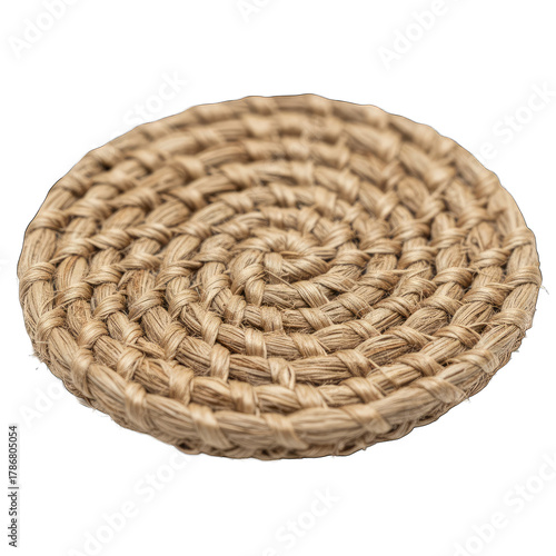 Natural Woven Coaster Made of Jute Fiber With Spiral Pattern Isolated on White Background
