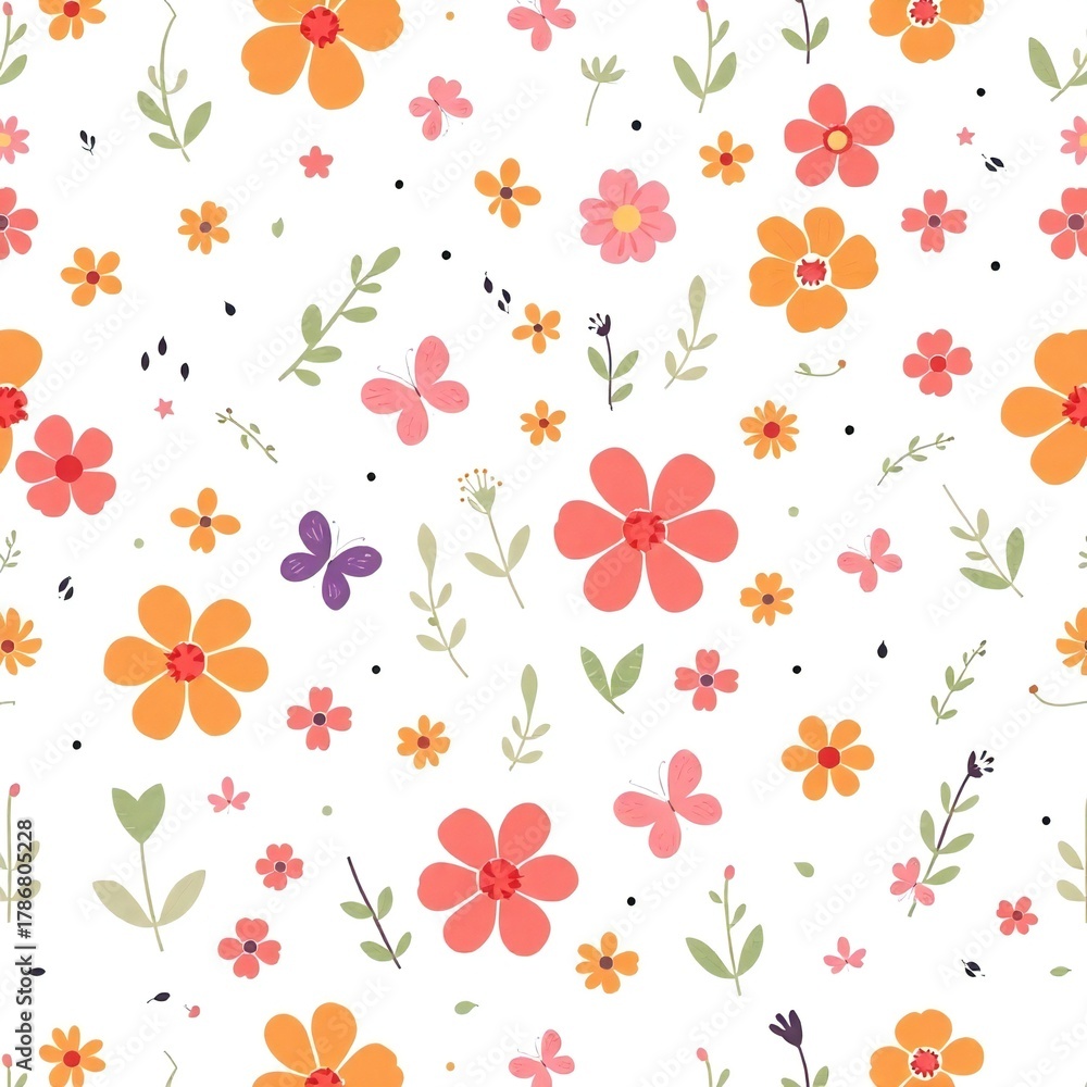 Fototapeta premium Seamless watercolor floral pattern with butterflies and delicate flowers