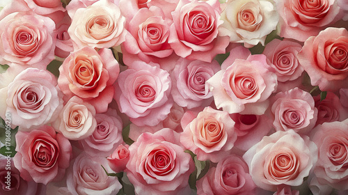Soft pink rose flower arrangement with delicate petals and green leaves, creating romantic and elegant floral background full of natural beauty and charm