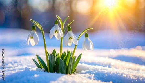 First spring snowdrop flowers blooming through the snow in the morning sun.