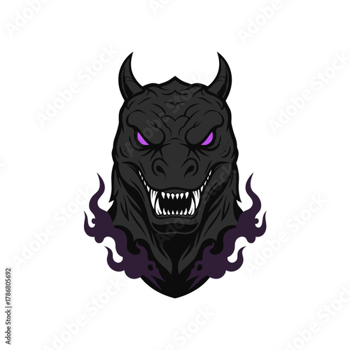 Tengkorak iblis merah menakutkan, vektor ilustrasi kartun setan bertanduk untuk desain tato horor hallowen