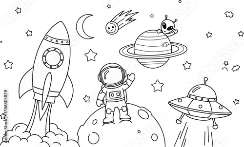 Astronaut waving on moon with rocket alien planet and flying saucer space
