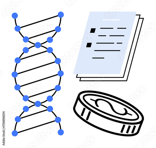DNA helix with blue dots, stacked documents, and petri dish illustrating biotech, health, education, innovation, science, laboratory research genetics. Ideal for simple flat metaphor