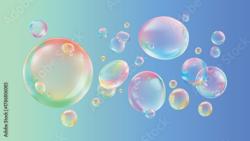Colorful bubbles floating on a gradient background. Bubbles with rainbow hues, soft light reflections. Bubbles create a playful, dreamy atmosphere. Soap bubble element vector set.