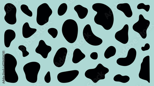 Abstract cow print pattern with irregular black spots on a light blue background. Cow print design with unique shapes. Perfect for cow print enthusiasts. Black shape vector set.