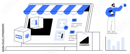 Digital storefront on a laptop screen with shopping bags, delivery boxes, statistical graph, and a buyer. Ideal for e-commerce, retail, delivery, marketing, technology business customer