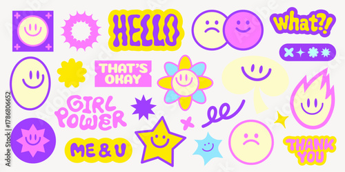 Colorful stickers with smiley faces, stars, and phrases like 'Hello' and 'Girl Power' Bright, playful design with vibrant purple and yellow accents Funky stickers, vector set