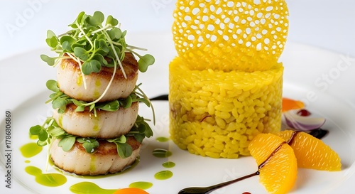 Pan-Seared Scallops with Saffron Risotto, Microgreens, Citrus Segments, and Decorative Lace Tuile