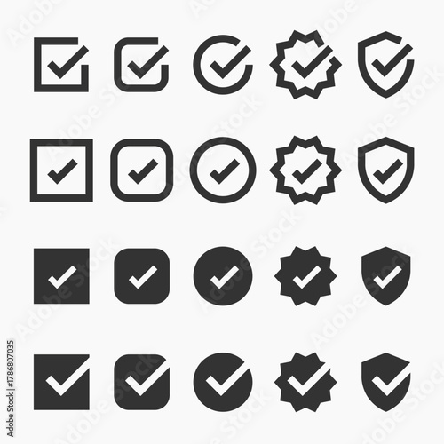 Set of checkmark icons in various shapes: circles, squares, shields, and stars. Black checkmarks, versatile checkmark designs, and simple checkmark symbols. Vector element set.