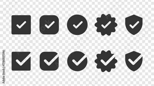 Set of black checkmark icons in various shapes: square, circle, starburst, shield. Checkmark icons for approval, confirmation, and validation purposes. Vector element set.