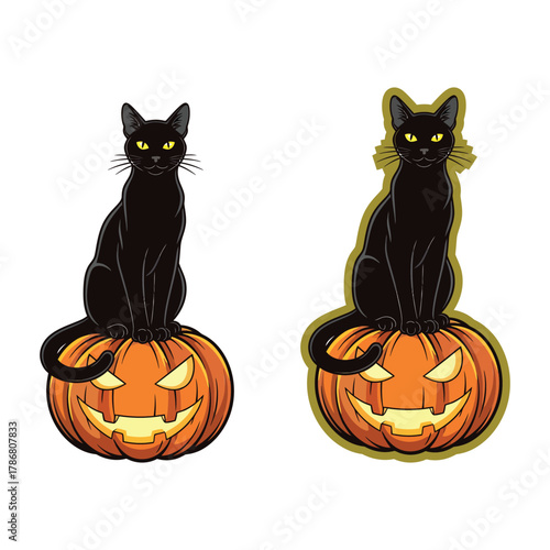 Black cat sitting on carved glowing jack o lantern pumpkin for Halloween vector