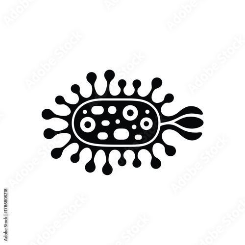 Stylized black and white illustration of a virus or bacterium
