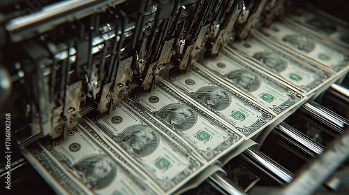 American Money Manufacturing in a Machine, One Dollar Bills Being Produced on an Assembly Line