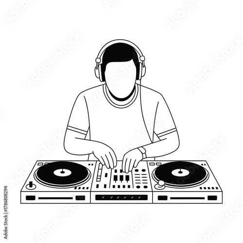 Dj wearing headphones plays music on turntables and mixer