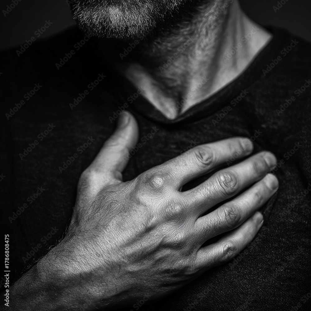 Fototapeta premium A person places a hand over their chest, expressing a sincere, heartfelt emotion—symbolizing gratitude, compassion, or deep personal connection.