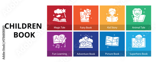 Children Book Glyph Solid Banner Web Icon Set Vector Illustration