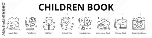 Children Book Line Banner Web Icon Set Vector Illustration