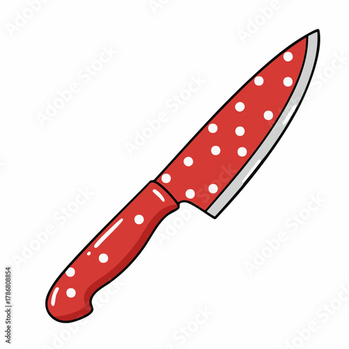 Red knife for kitchen use in cooking, featuring white polka dots on blade and handle. Red knife is important tool for chefs when preparing meals and cutting different foods.