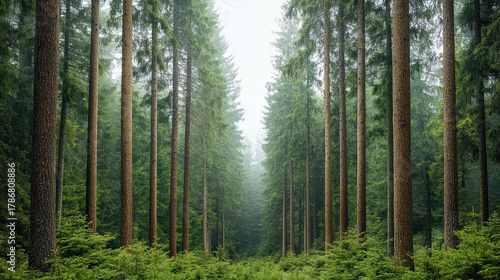 Wallpaper Mural Misty pine forest tall tree trunk green conifer foggy woodland tranquil atmosphere Torontodigital.ca