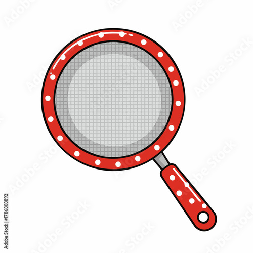 Polka dot strainer for cooking use, showing kitchen tool with round shape and red and white dots. Strainer filtering is perfect equipment for chef. Concept polka dot strainer for ecology cooking use.