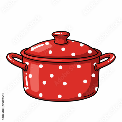 Polka dot pot, colorful kitchenware for cooking, stewing or boiling food. Pot features a round, red design with white polka dots and lid, inviting cooking concepts.