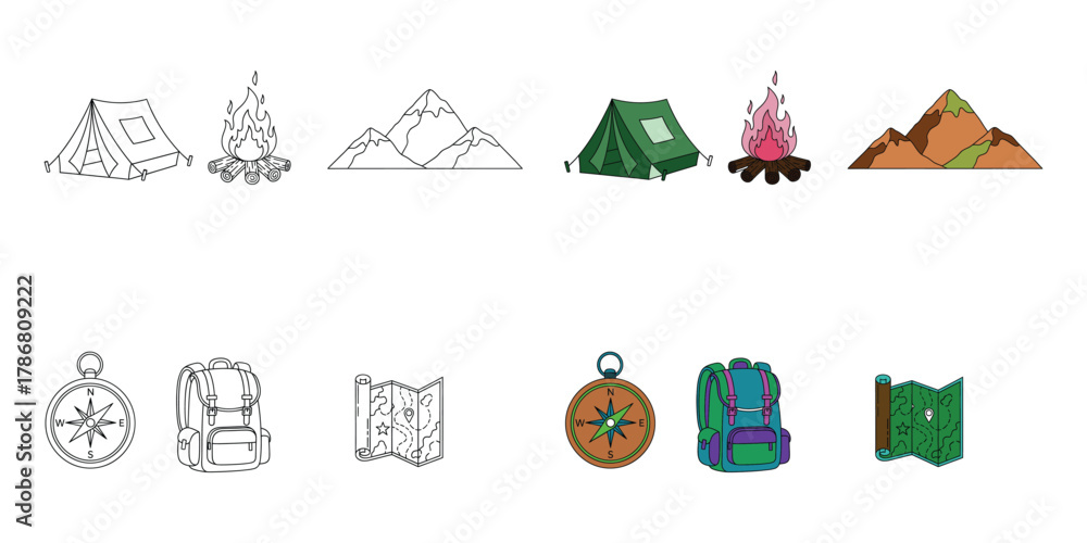 Fototapeta premium Camping and hiking icons including tents mountains compass backpack and map campfire