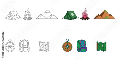 Camping and hiking icons including tents mountains compass backpack and map campfire