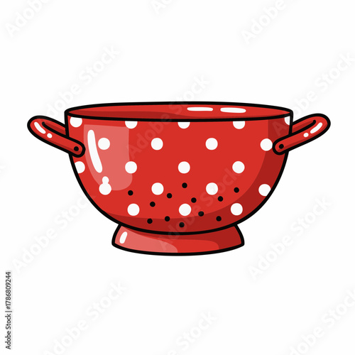 Bright red colander with white polka dots for kitchen use, kitchen utensil, draining tool. Red colander with handles, is depicted with bold black outlines, adding definition and a playful touch.
