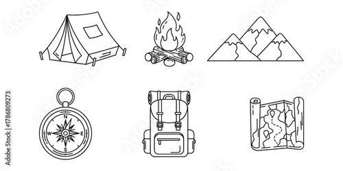 Camping tent campfire mountains compass backpack and map icons outline vector