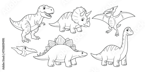 Cartoon dinosaur collection line art t rex triceratops stegosaurus brachiosaurus pterodactyl