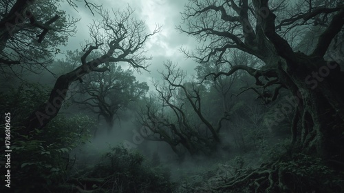 spooky forest with fog
