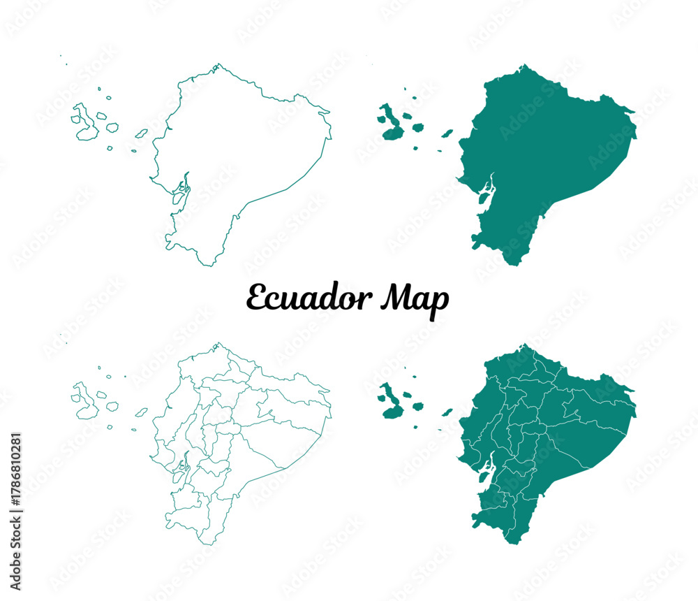 Obraz premium Teal Ecuador Map Isolated on White Background - Outline and Solid Shapes