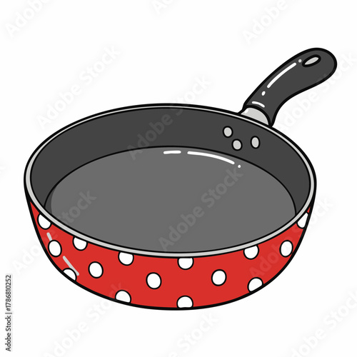 Cute frying pan with red and white polka dots for cooking enthusiasts. Frying pan has non-stick surface, ergonomic handle, and retro pattern. Use this frying pan for ecology projects,